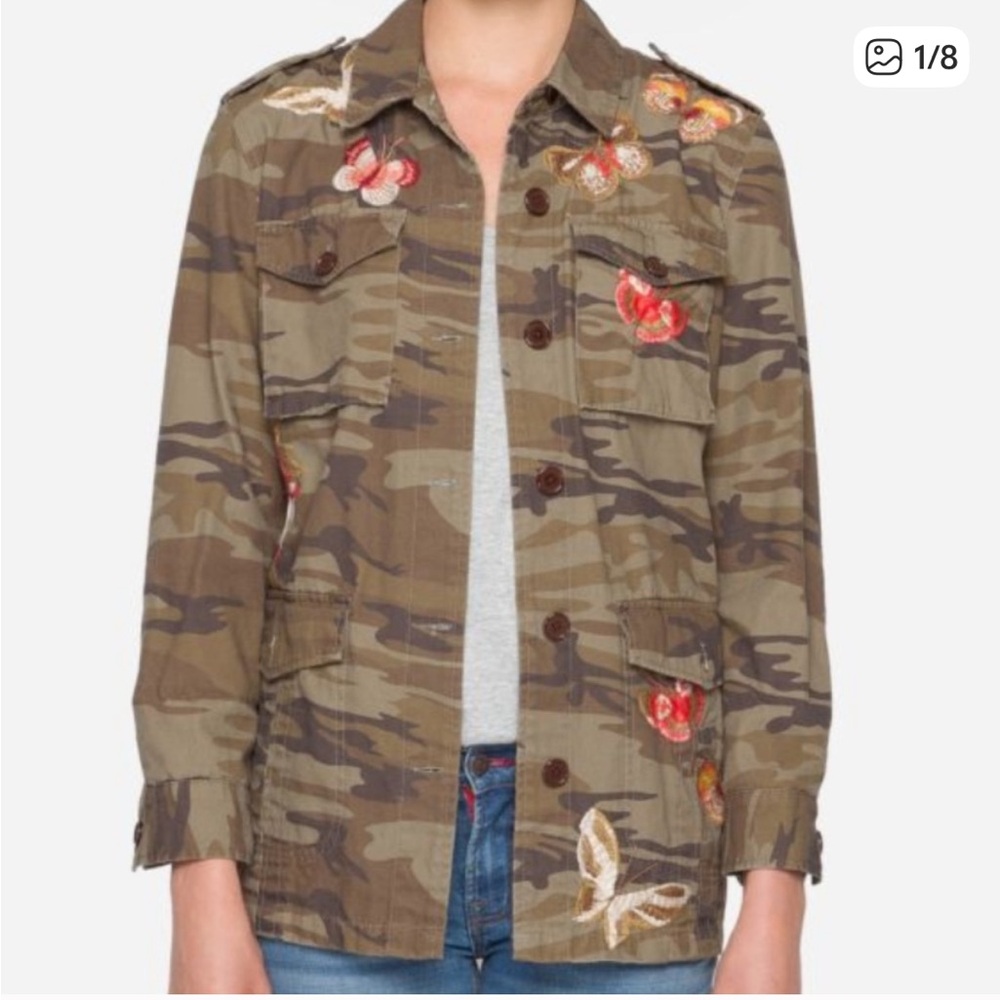 Johnny Was Olive Camouflage Jacket with Red Floral Accents